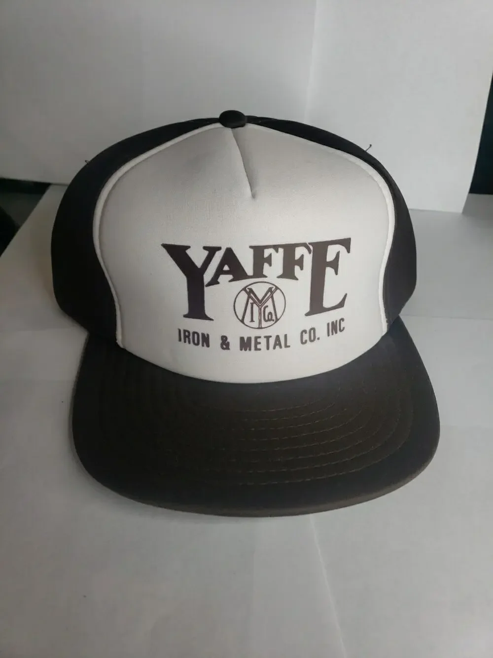 Vintage 80s Yaffe Iron & Metal Hat Cap Snapback White Brown Foam Trucker Hat